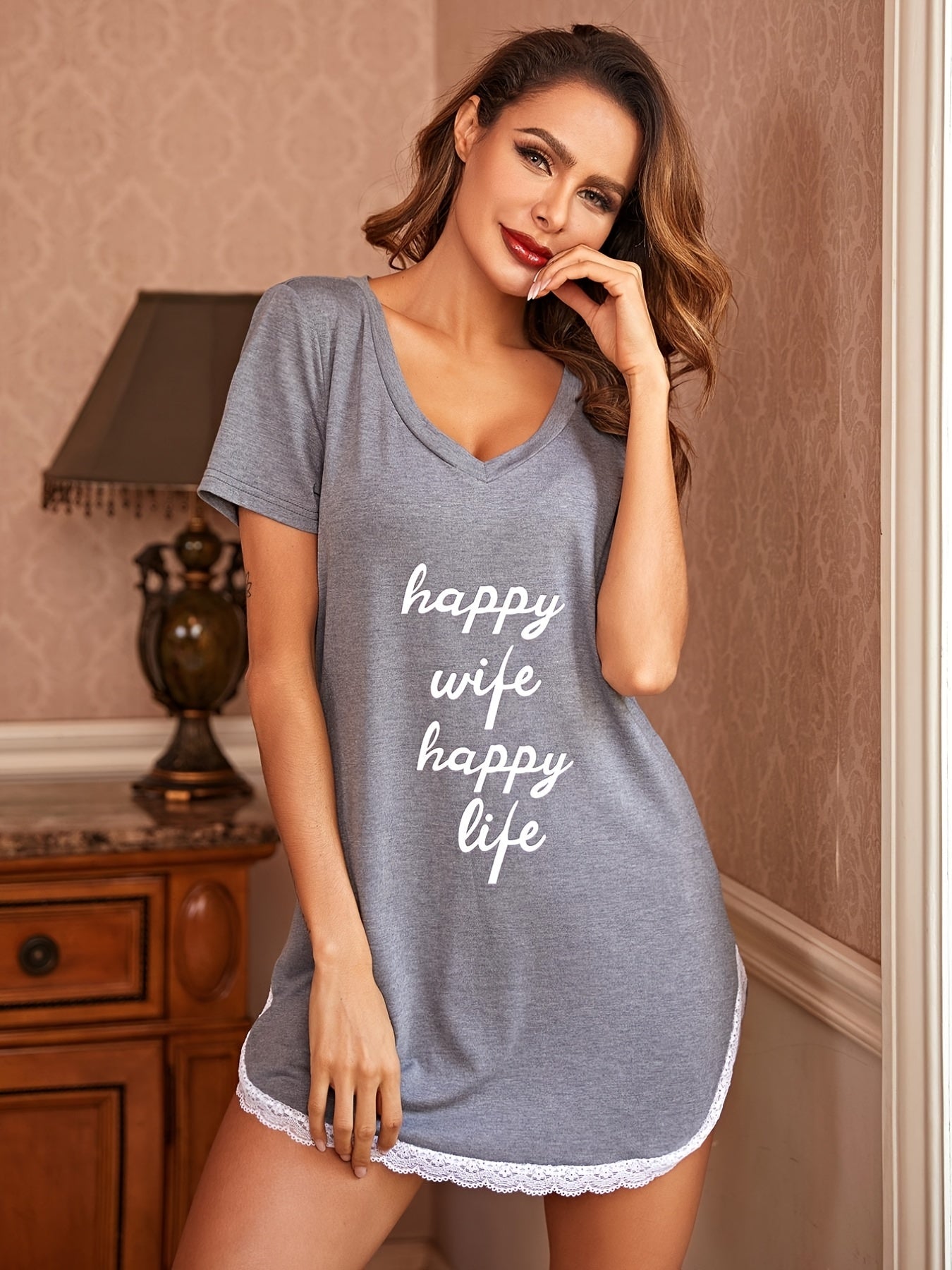 Sexy V-Neck "Happy Wife Happy Life" Print Nightgown with Lace Trim - Comfortable Sleepwear for Adults, All-Season Use, Bedroom Apparel | Playful Print Nightgown | Lace Trim Detail, Women'S Nightwear